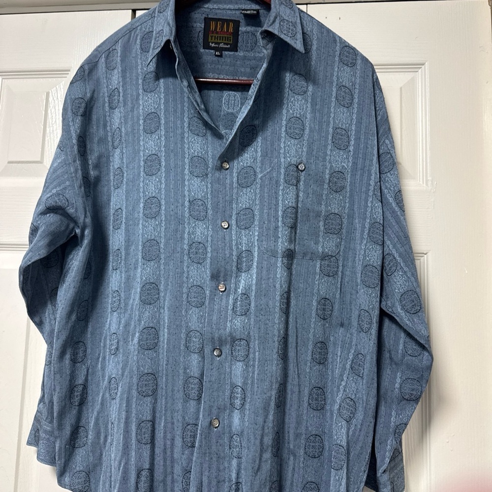 Indigo-Patterned Long Sleeve Casual Button-Down Shirt A26